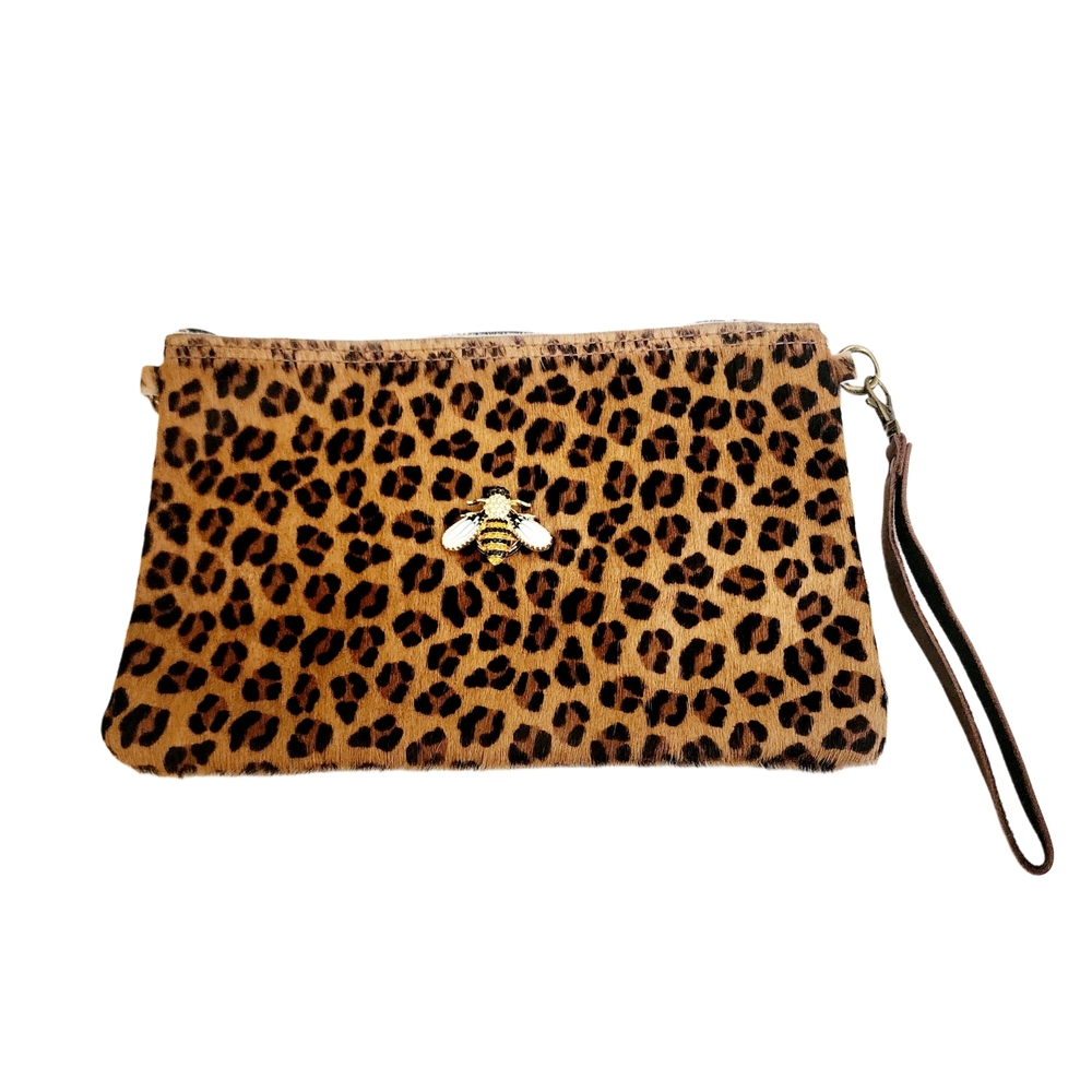 Leopard Print Hair on Hide Crossbody Bag with Bee Snap Charm & Adjustable Strap - Picture 4 of 9